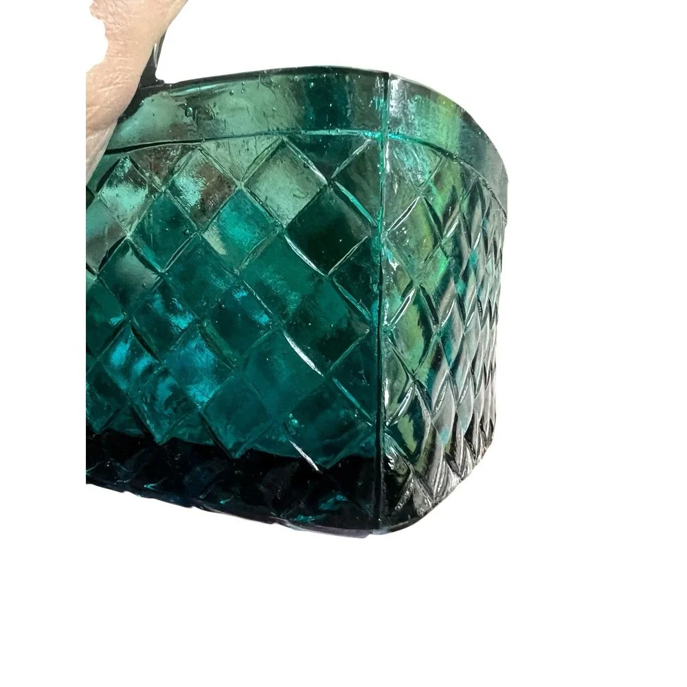 Vintage Shiah Yih Teal Blue Art Glass Basket Hand Made Taiwan 6